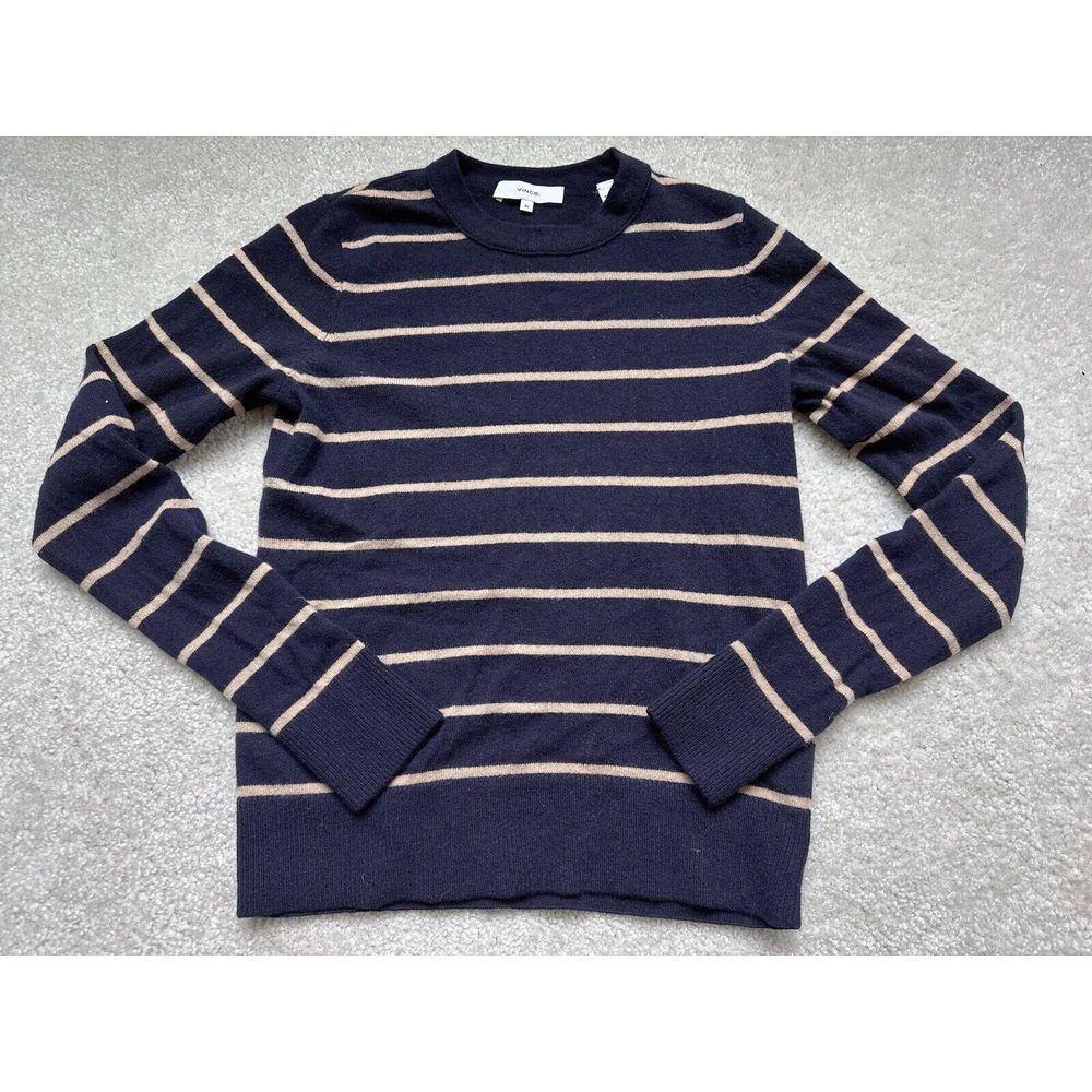 Vince Navy and Tan Striped V-Neck Sweater